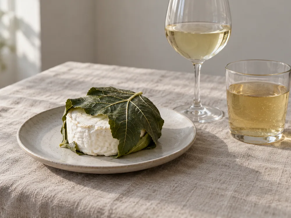 Leaf-wrapped small cheese beside a glass of white wine and a glass of cider - Figaro | KnowTheCheese