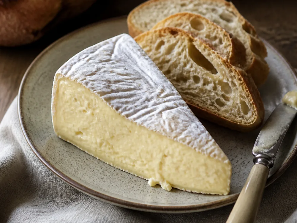 Wedge of Finn cheese served with crusty bread - Finn cheese | KnowTheCheese