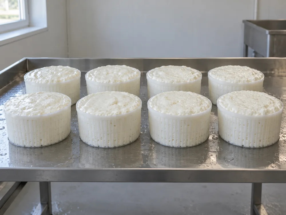 Soft white curd filling round moulds on a draining table - Finn cheese | KnowTheCheese