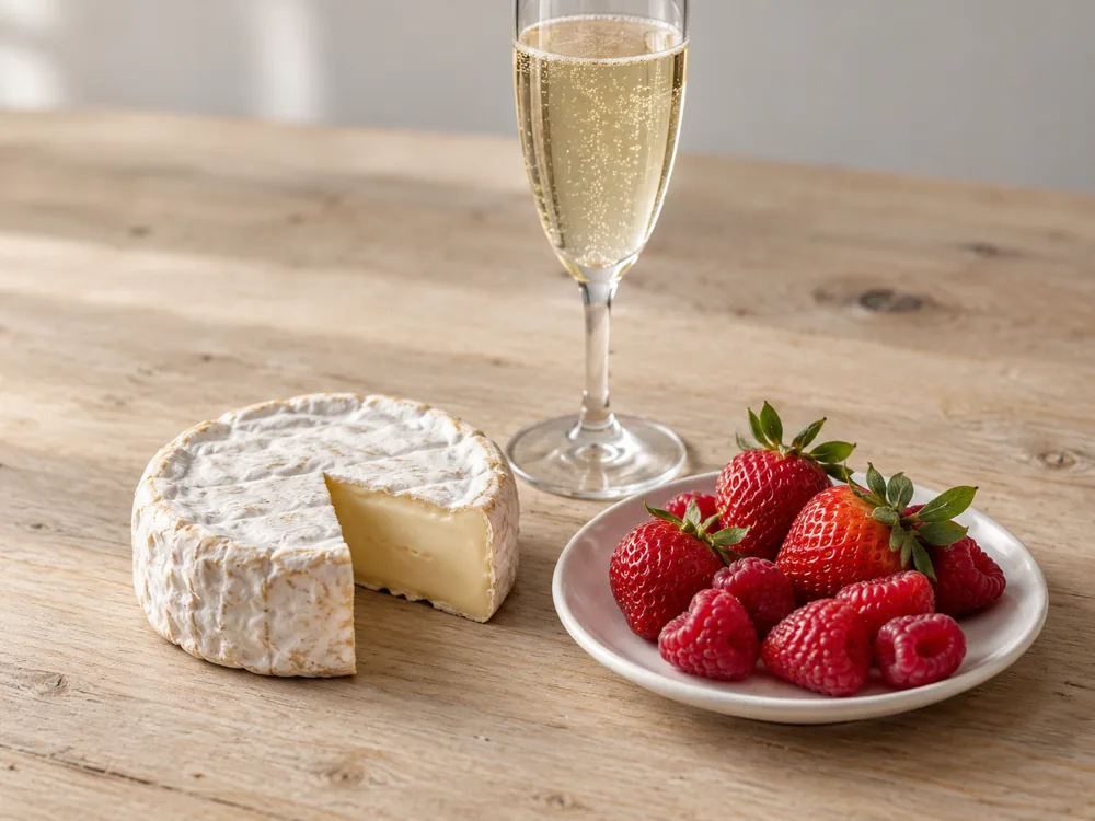 Small white-rinded soft cheese with strawberries, raspberries and a glass of sparkling wine - Finn cheese | KnowTheCheese