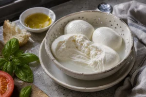 Fior di Latte-style fresh mozzarella balls in brine with torn center, basil, tomato, bread, and damp cloth - Fior di Latte | KnowTheCheese