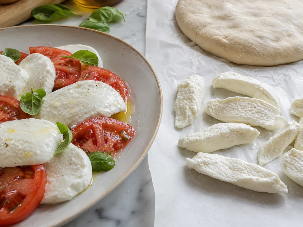 Fior di latte slices for tomato salad beside drained pizza pieces - Fior di Latte | KnowTheCheese