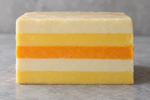 Cut block of cheese showing five stacked layers in white, yellow and orange - Five Counties cheese | KnowTheCheese