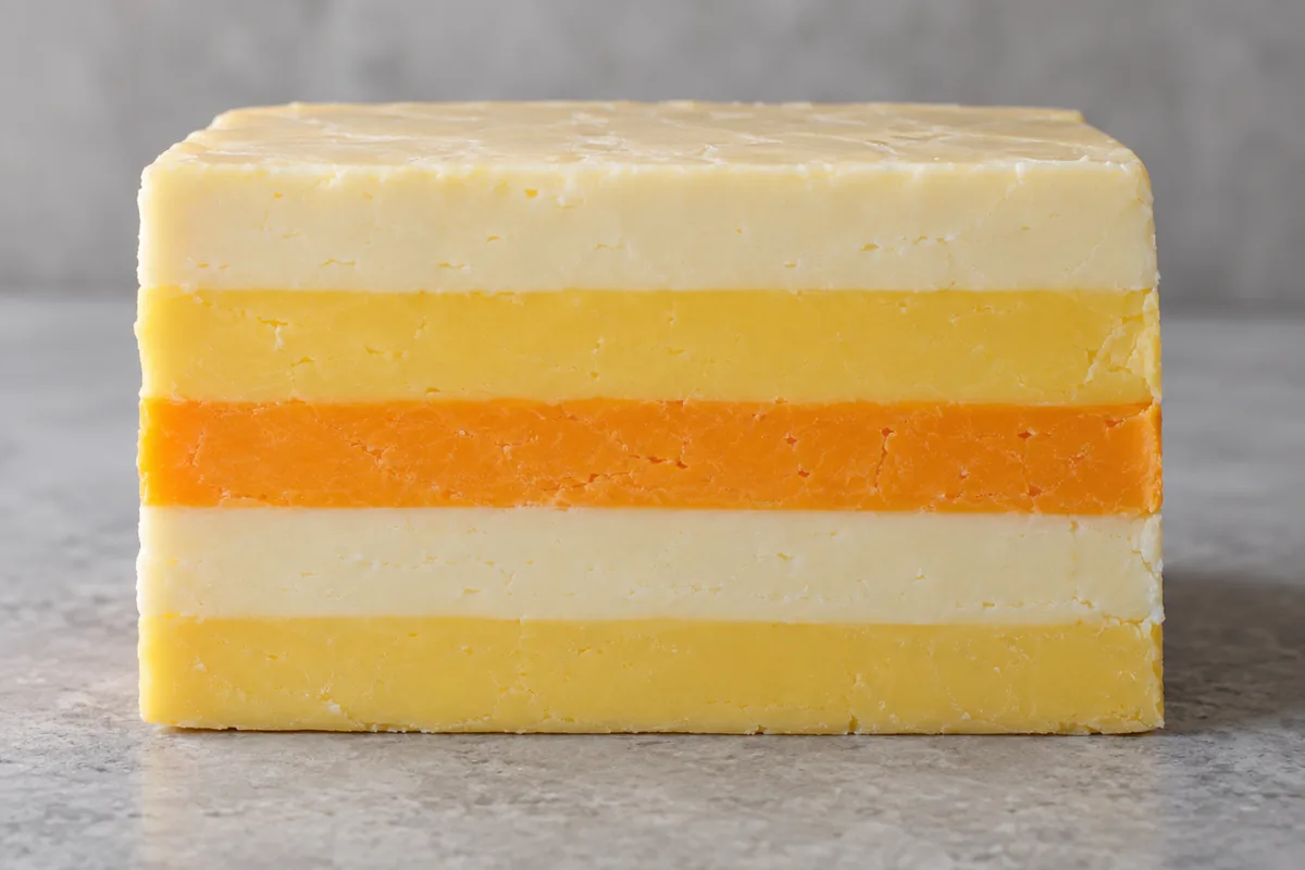 Cut block of cheese showing five stacked layers in white, yellow and orange - Five Counties cheese | KnowTheCheese