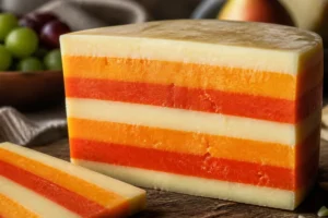 Cut block of Five Counties cheese showing striped colored layers - Five Counties cheese | KnowTheCheese