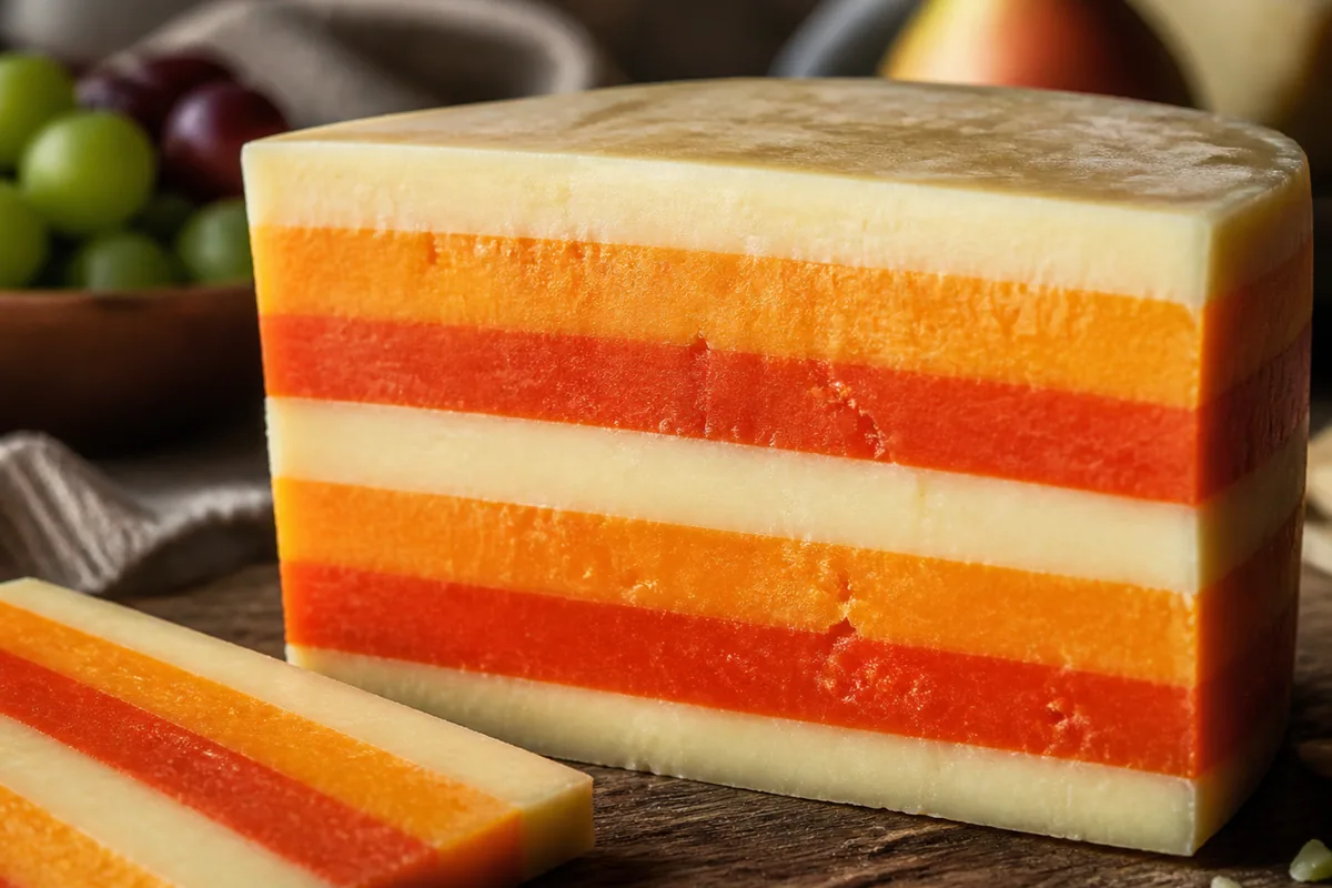 Cut block of Five Counties cheese showing striped colored layers - Five Counties cheese | KnowTheCheese