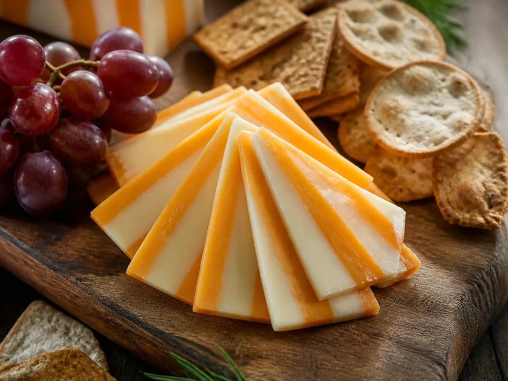 Sliced Five Counties cheese on a board with crackers - Five Counties cheese | KnowTheCheese