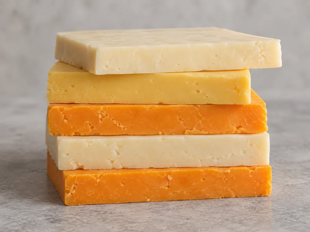 Five separate slabs of cheese stacked in a pile - Five Counties cheese | KnowTheCheese