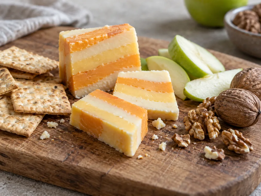 Pieces of striped cheese on a wooden board beside crackers, apple slices and walnuts - Five Counties cheese | KnowTheCheese