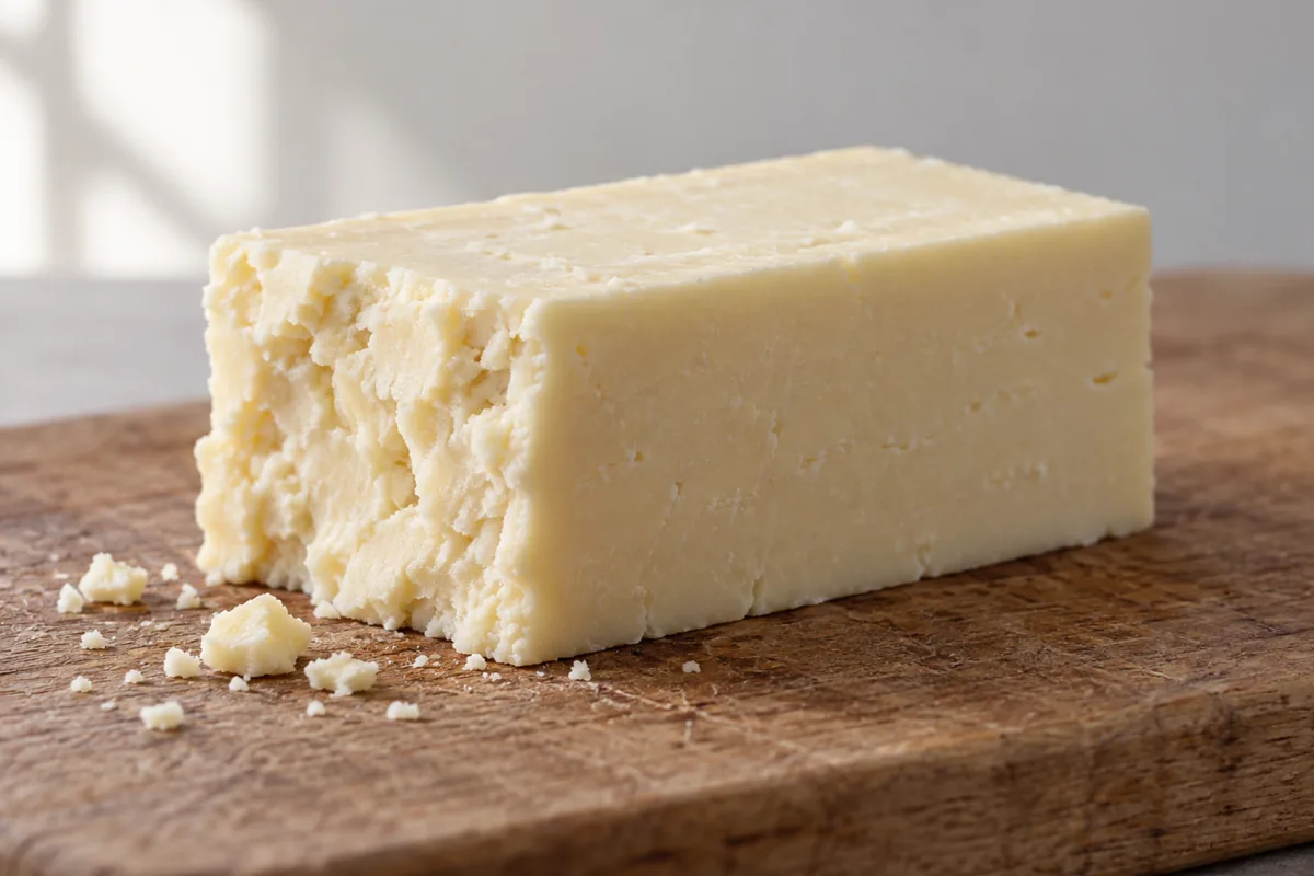 Rindless block of semi-hard cheddar-style cheese with a crumbly edge - Flagship cheese | KnowTheCheese