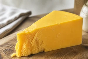 Wedge of Flagship cheddar cheese with a golden-yellow interior - Flagship cheese | KnowTheCheese