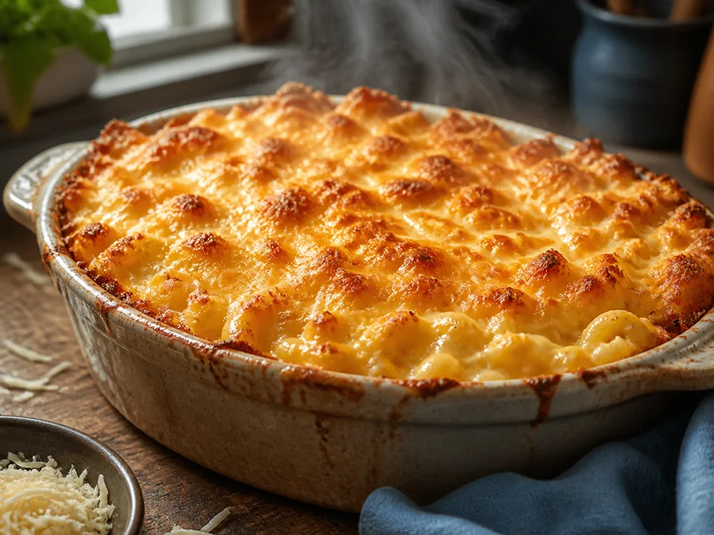 Baked mac and cheese made with Flagship cheese, golden bubbling top - Flagship cheese | KnowTheCheese