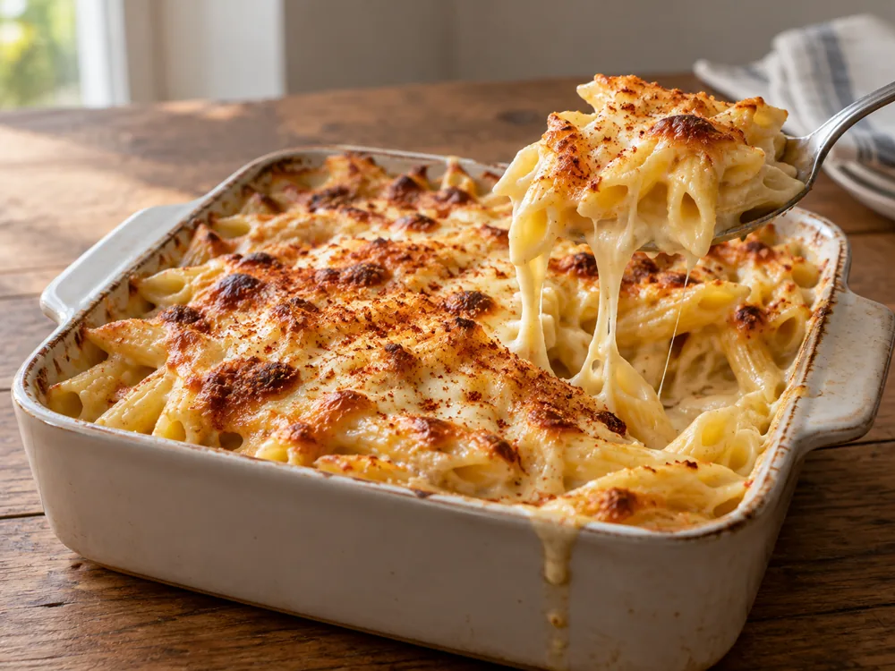 Baked penne macaroni and cheese in a baking dish with a spoonful lifted out - Flagship cheese | KnowTheCheese
