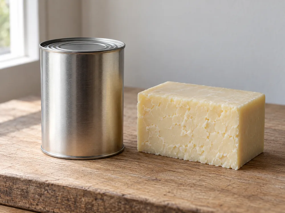 Plain steel food can beside a rindless block of semi-hard cheese - Flagship cheese | KnowTheCheese