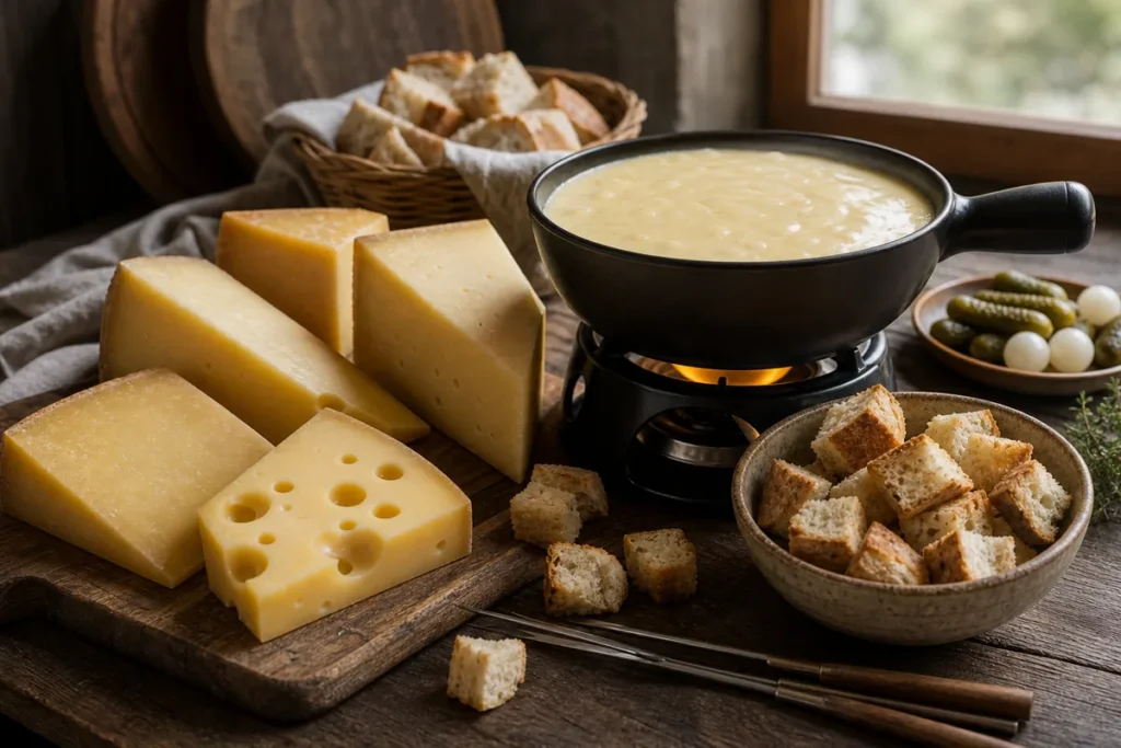 Fondue pot with melted cheese, bread cubes, and Alpine cheese wedges including Gruyere-style, Emmental-style, and Comte-style pieces - Best cheese for fondue | KnowTheCheese