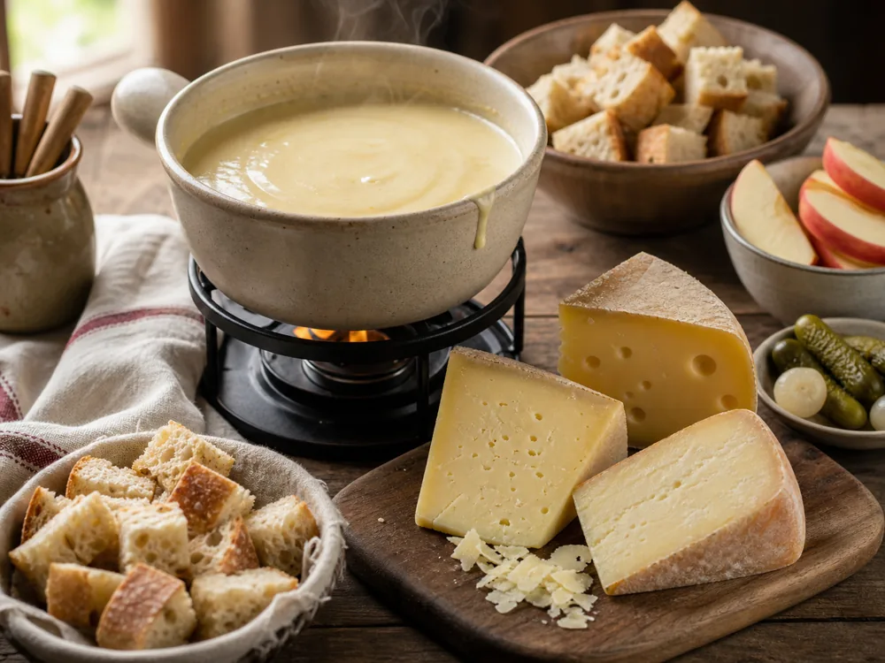 Fondue pot with smooth melted cheese, bread cubes, apples, cornichons, and alpine cheese wedges