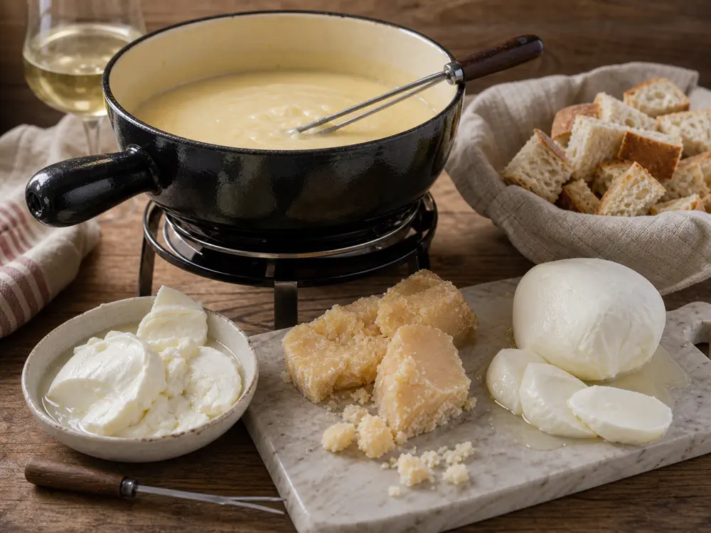 Fondue pot beside fresh mozzarella and very dry hard cheese showing poor fondue choices - Best cheese for fondue | KnowTheCheese
