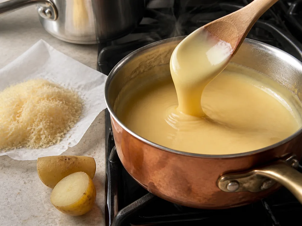 Smooth Fontina-style fonduta folding from a spoon into a copper saucepan - Fontina | KnowTheCheese