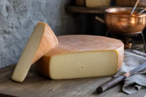 Fontina-style wheel and wedge with a thin brown-orange rind and supple pale paste - Fontina | KnowTheCheese