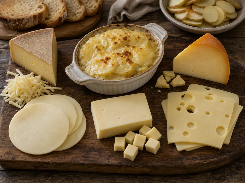 Fontina substitute board with Gruyere-style wedge, provolone-style slices, Havarti-style block, Gouda, Swiss-style slices, and a melted gratin