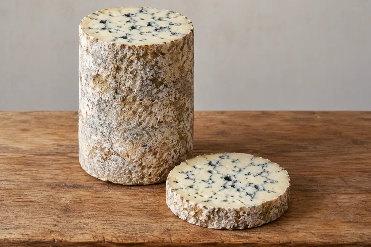 Tall Fourme d'Ambert cylinder beside one round slice of ivory paste with blue veins - Fourme d'Ambert | KnowTheCheese