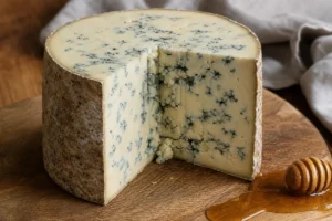 Cut Fourme d'Ambert showing even blue veining in pale paste - Fourme d'Ambert cheese | KnowTheCheese