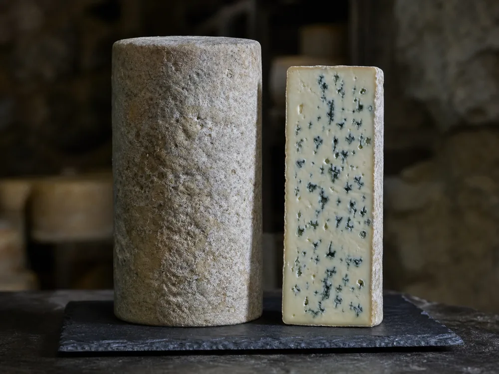 Tall Fourme d'Ambert cylinder with a vertical blue-veined slice - Fourme d'Ambert | KnowTheCheese