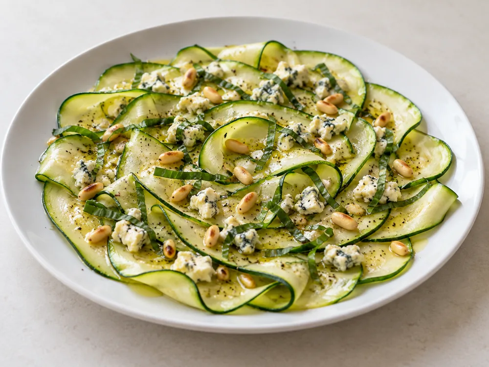 Courgette carpaccio with crumbled blue cheese, toasted pine nuts and basil - Fourme d'Ambert | KnowTheCheese