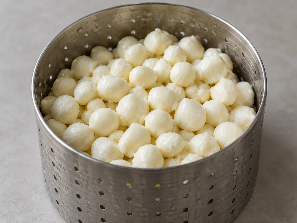 Small round curd grains loosely heaped in a perforated stainless-steel mould - Fourme d'Ambert | KnowTheCheese