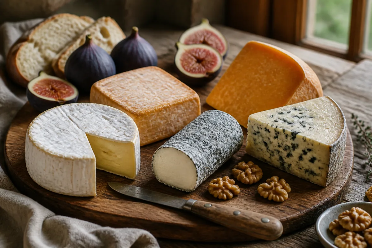 French cheese board with bloomy-rind wheel, washed-rind square, ash-coated goat cheese, orange aged wedge, and blue cheese - French cheeses region guide | KnowTheCheese