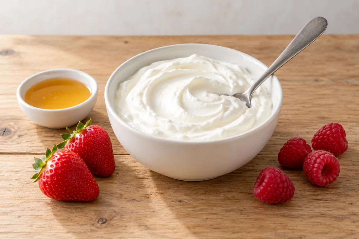 Bowl of smooth white fromage blanc with a spoon, a dish of honey, strawberries and raspberries - Fromage Blanc | KnowTheCheese