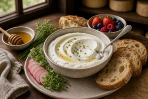 Smooth fromage blanc in a bowl with herbs, berries, honey, radishes, and bread - Fromage Blanc | KnowTheCheese