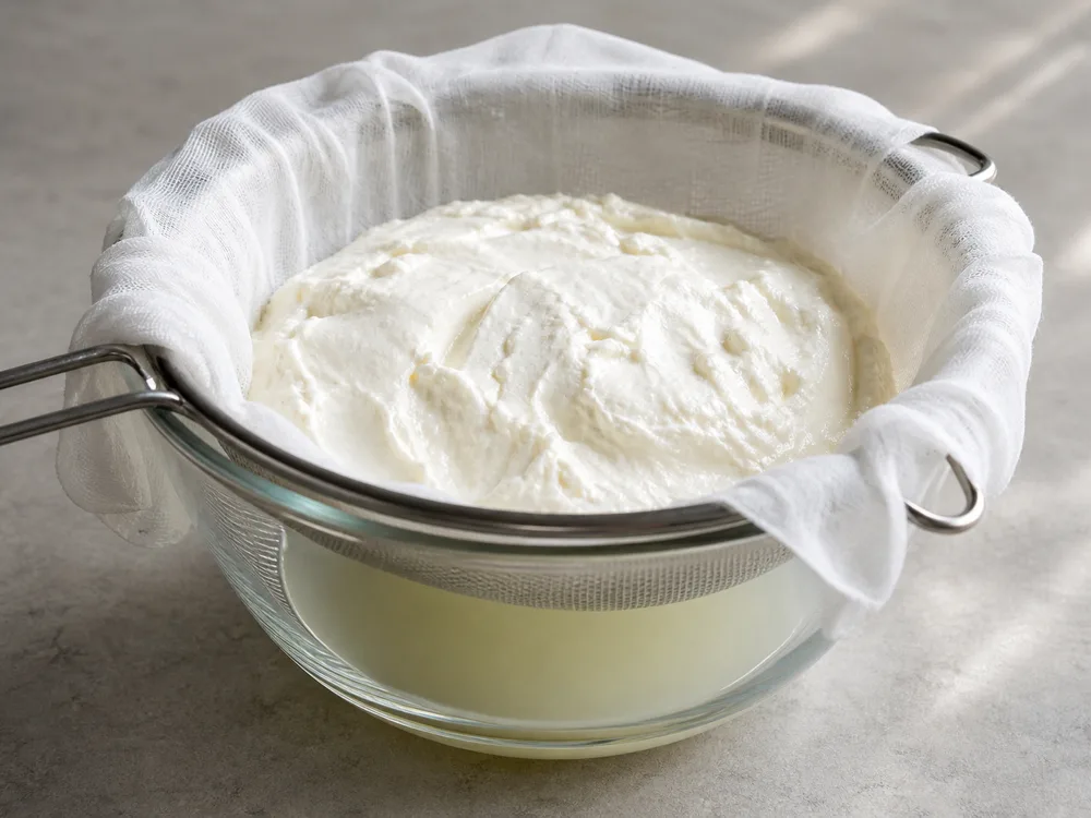 Fresh fromage blanc curd draining in muslin above pale whey - Fromage Blanc | KnowTheCheese
