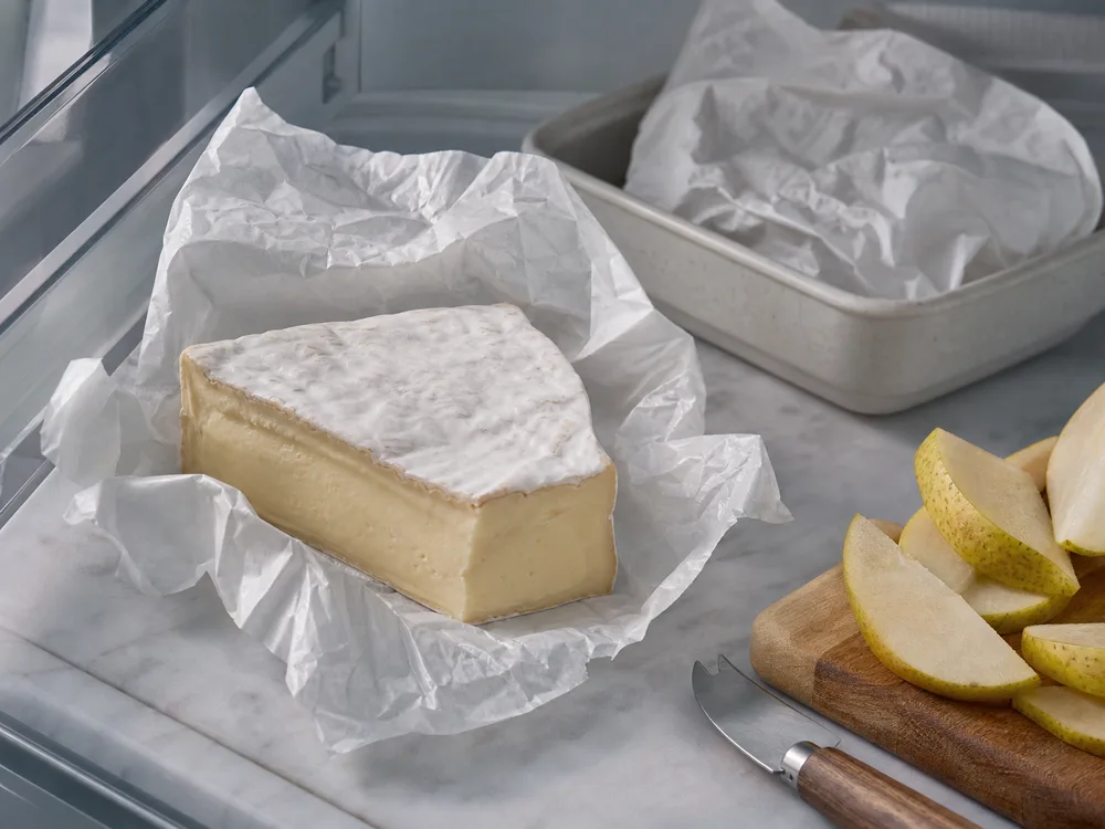 Fromager d'Affinois-style wedge loosely wrapped in cheese paper with pear slices - Fromager d'Affinois | KnowTheCheese