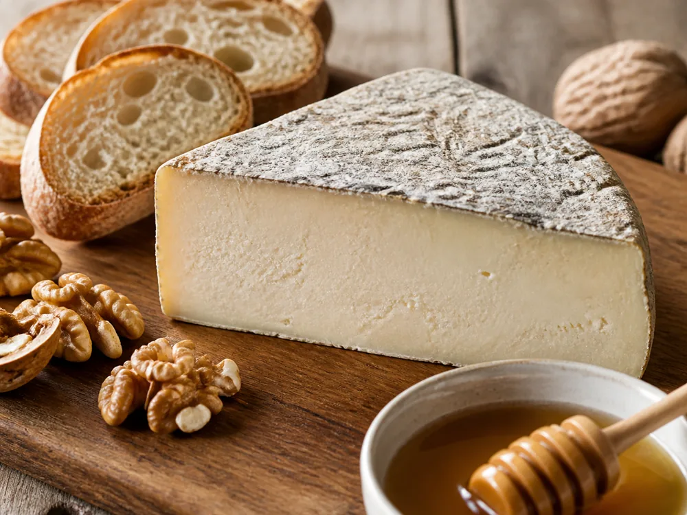 Wedge of Garrotxa cheese served with bread, walnuts, and honey - Garrotxa cheese | KnowTheCheese