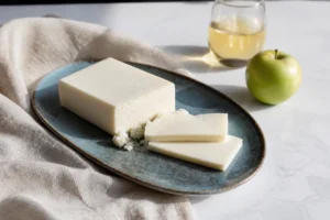 Ivory goat Cheddar block with clean slices apple and dry cider - Goat Cheddar | KnowTheCheese