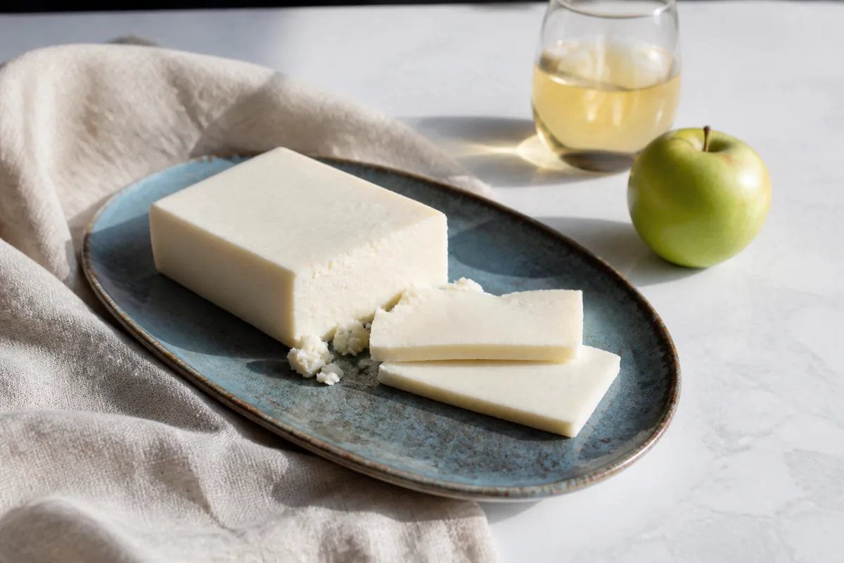 Ivory goat Cheddar block with clean slices apple and dry cider - Goat Cheddar | KnowTheCheese