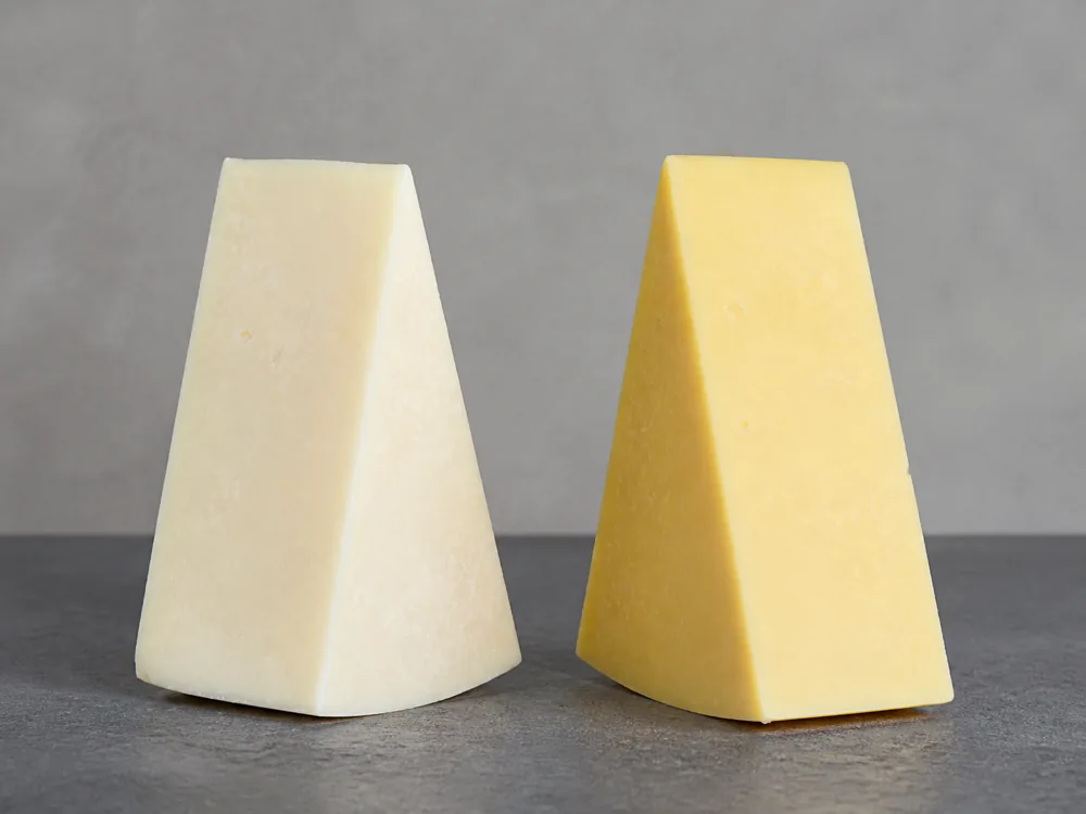 Ivory goat Cheddar beside pale yellow cow Cheddar - Goat Cheddar | KnowTheCheese