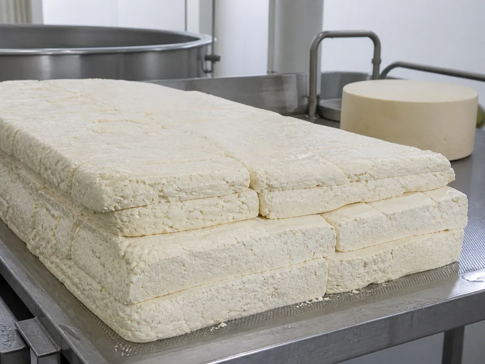 Ivory goat-milk curd slabs stacked during the Cheddar process - Goat Cheddar | KnowTheCheese
