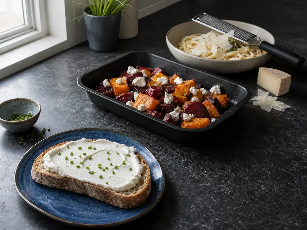 Fresh goat cheese spread on toast, crumbled over vegetables, and aged goat cheese shaved over pasta - Goat cheese | KnowTheCheese