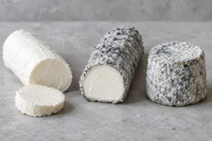 Fresh white goat cheese log, ash-rolled log and small grey-blue rinded cylinder - Goat cheese | KnowTheCheese