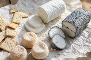 Fresh, ash-coated, and aged goat cheese shown together on parchment - goat cheese | KnowTheCheese
