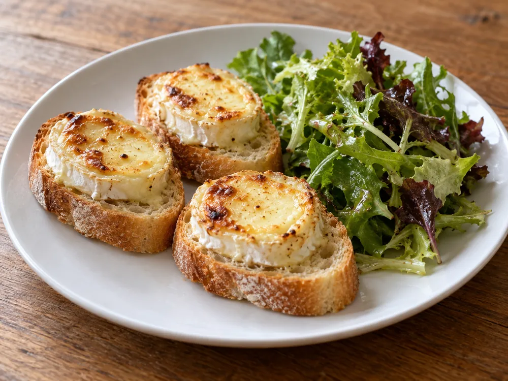 Broiled goat cheese rounds on slices of baguette beside a dressed green salad - Goat cheese | KnowTheCheese