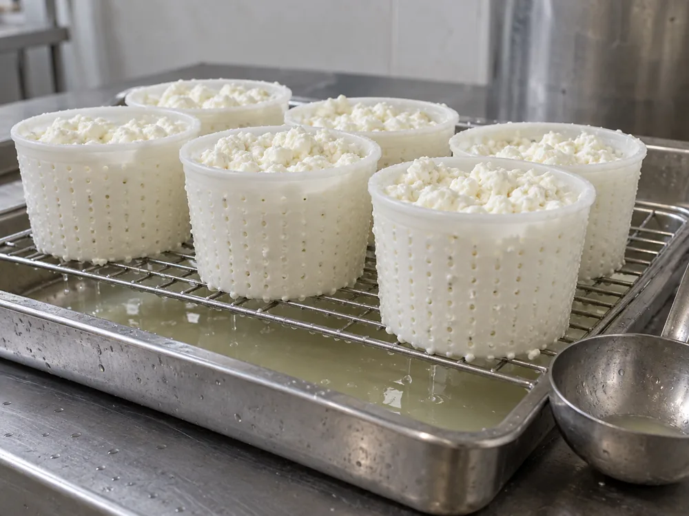Perforated moulds filled with fresh goat's milk curd, with whey draining into a steel tray - Goat cheese | KnowTheCheese