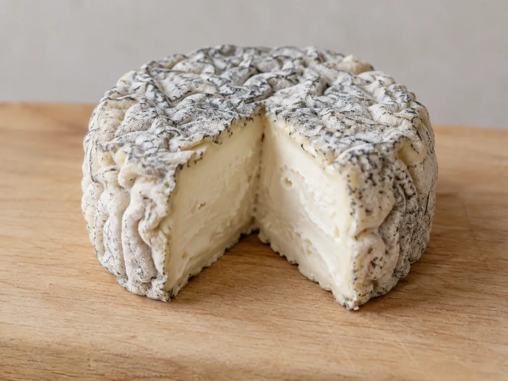 Small goat cheese with a wrinkled, ash-dusted rind and a wedge cut away to show a creamy white interior - Goat cheese | KnowTheCheese