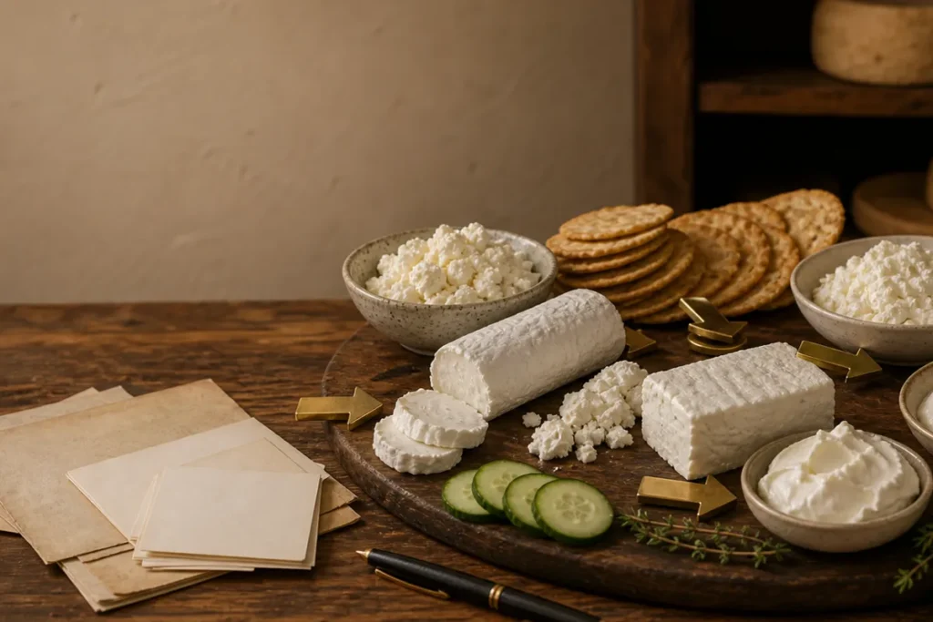 Goat cheese substitute board with feta, ricotta, cream cheese, labneh, herbs, and crackers - Goat cheese substitutes | KnowTheCheese