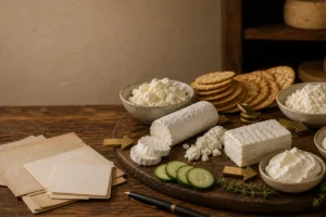 Goat cheese substitute board with feta, ricotta, cream cheese, labneh, herbs, and crackers - Goat cheese substitutes | KnowTheCheese