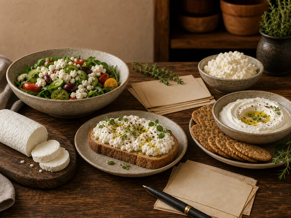 Goat cheese substitute use cases with feta salad, ricotta toast, labneh dip, crackers, and herbs - Goat cheese substitutes | KnowTheCheese