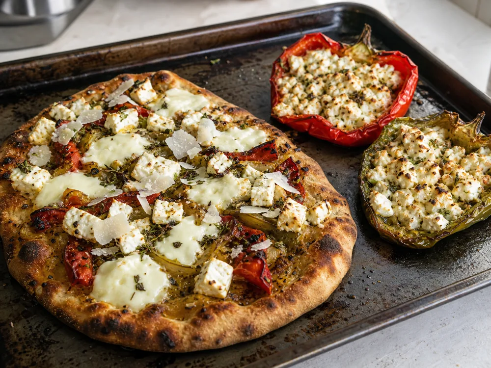 Baked flatbread and peppers showing firm feta pieces, smooth cream cheese patches, and ricotta salata shavings - Goat cheese substitutes | KnowTheCheese