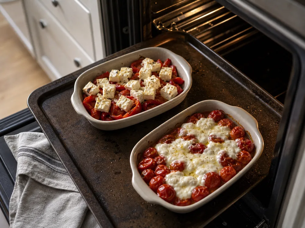 Fresh goat cheese softened over roasted tomatoes beside feta cubes holding their shape over peppers - Goat Cheese vs Feta | KnowTheCheese
